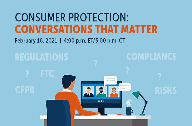 blue graphic with illustrated man sitting at a desk; text: Consumer Protection: Conversations that Matter