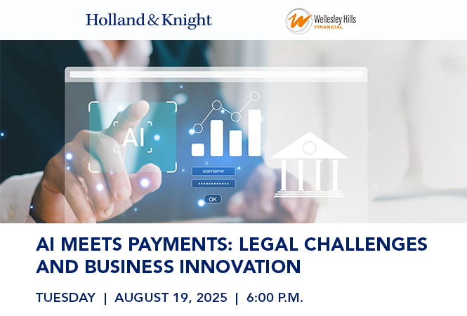 Finger touching screen with image of bank, bar graph, and teal square