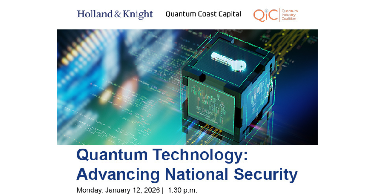 Diagram illustrating the concept of quantum technology advancing national security.