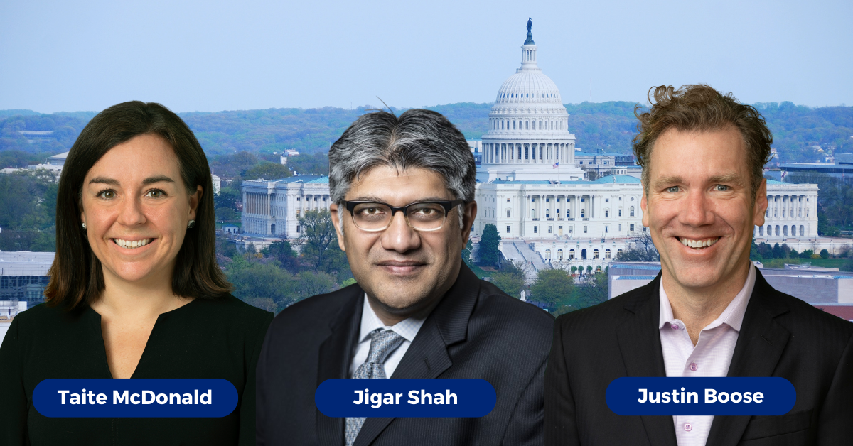 Taite McDonald, Jigar Shah and Justin Boose headshots in front of U.S. Capitol 
