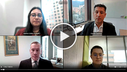 Faces on a screen with white play button overlay