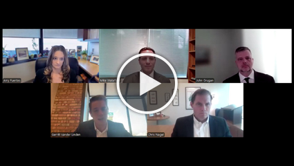 Group of people on screens with white play button overlay