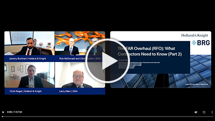 White play button over blue PowerPoint slide and images of people