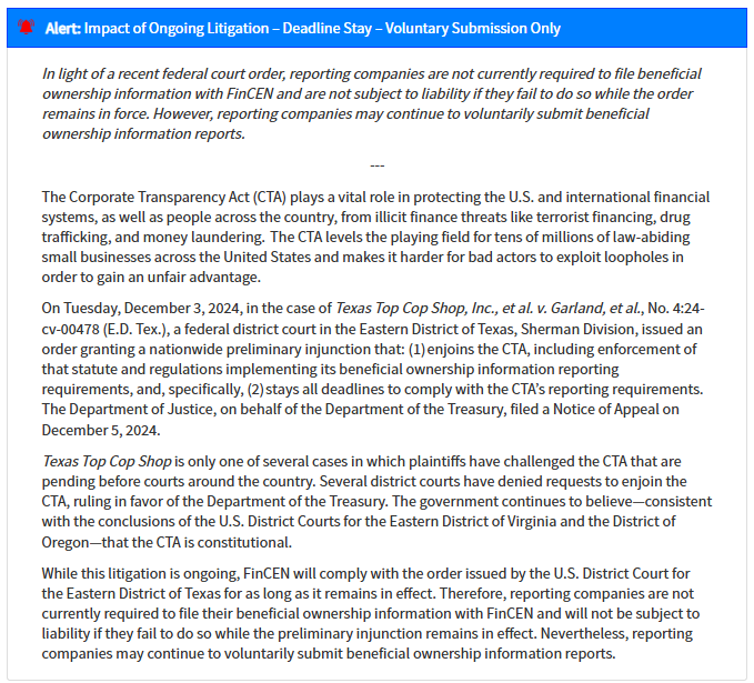 FinCEN Beneficial Ownership Information report website description