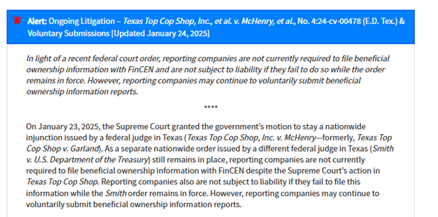 Supreme Court Stays CTA Injunction in Texas Top Cop Shop Case, but CTA Reporting Still on Hold