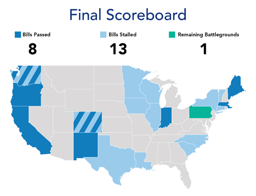 Map of the United States with gray, dark blue, and light blue states