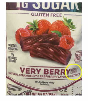 Image of very berry licorice with yellow circle on red text