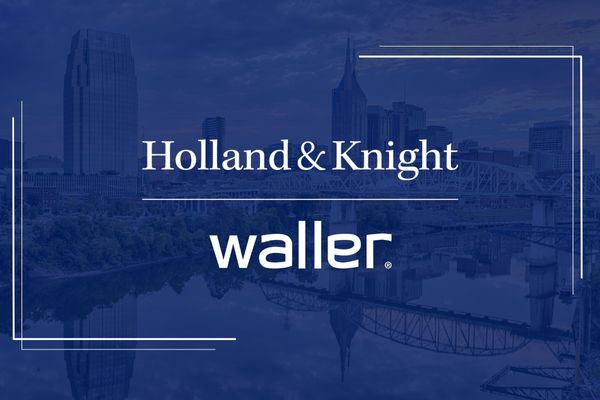 Holland & Knight and Waller logos overlayed Nashville skyline