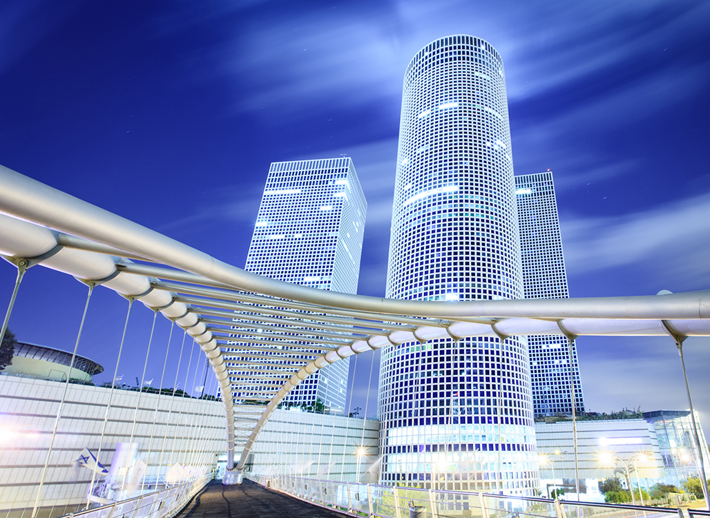 City buildings with lights at night