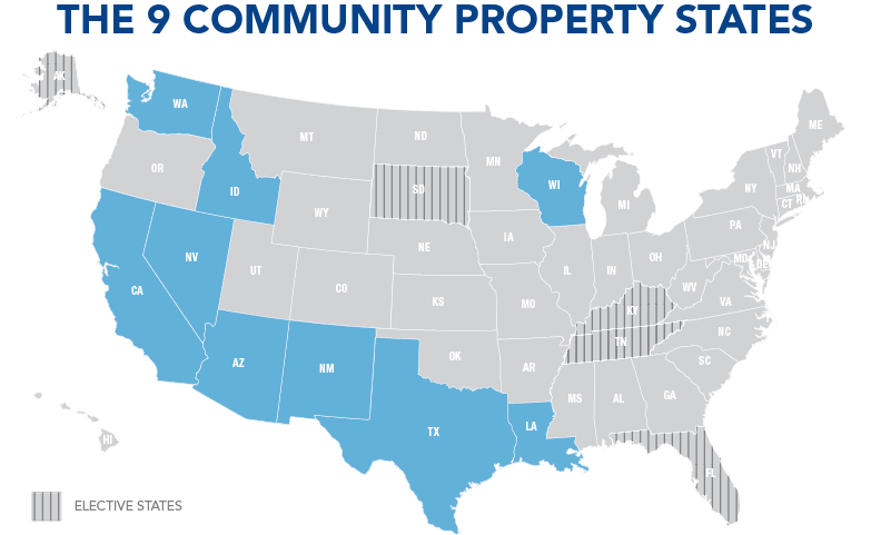 Map of United States with Arizona, California, Idaho, Louisiana, Nevada, New Mexico, Texas, Washington and Wisconsin highlighted in light blue