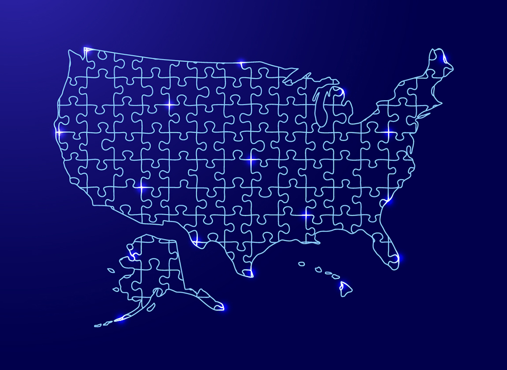 Blue map of United State made out of puzzle pieces