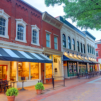 Shops along a brick street