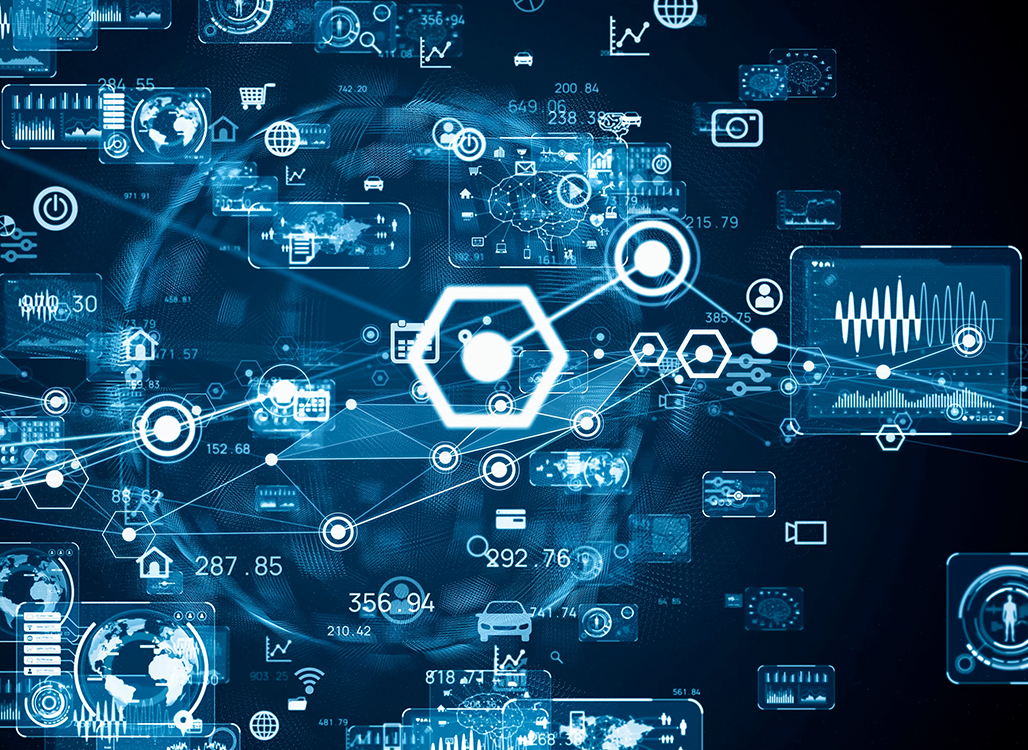 Blue cloud of technology and data icons